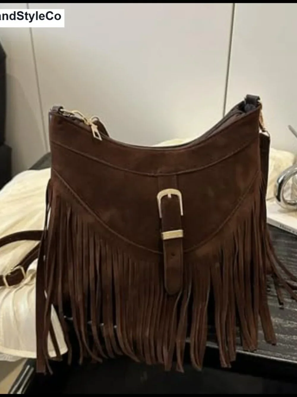 Vegan Leather Western Fringe Crossbody Bag with Tassel and Wrist Strap